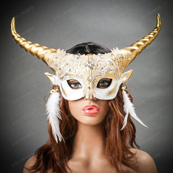 Krampus Gold Horn Lace  Animal Devil Women Mask - White - Picture 2 of 10